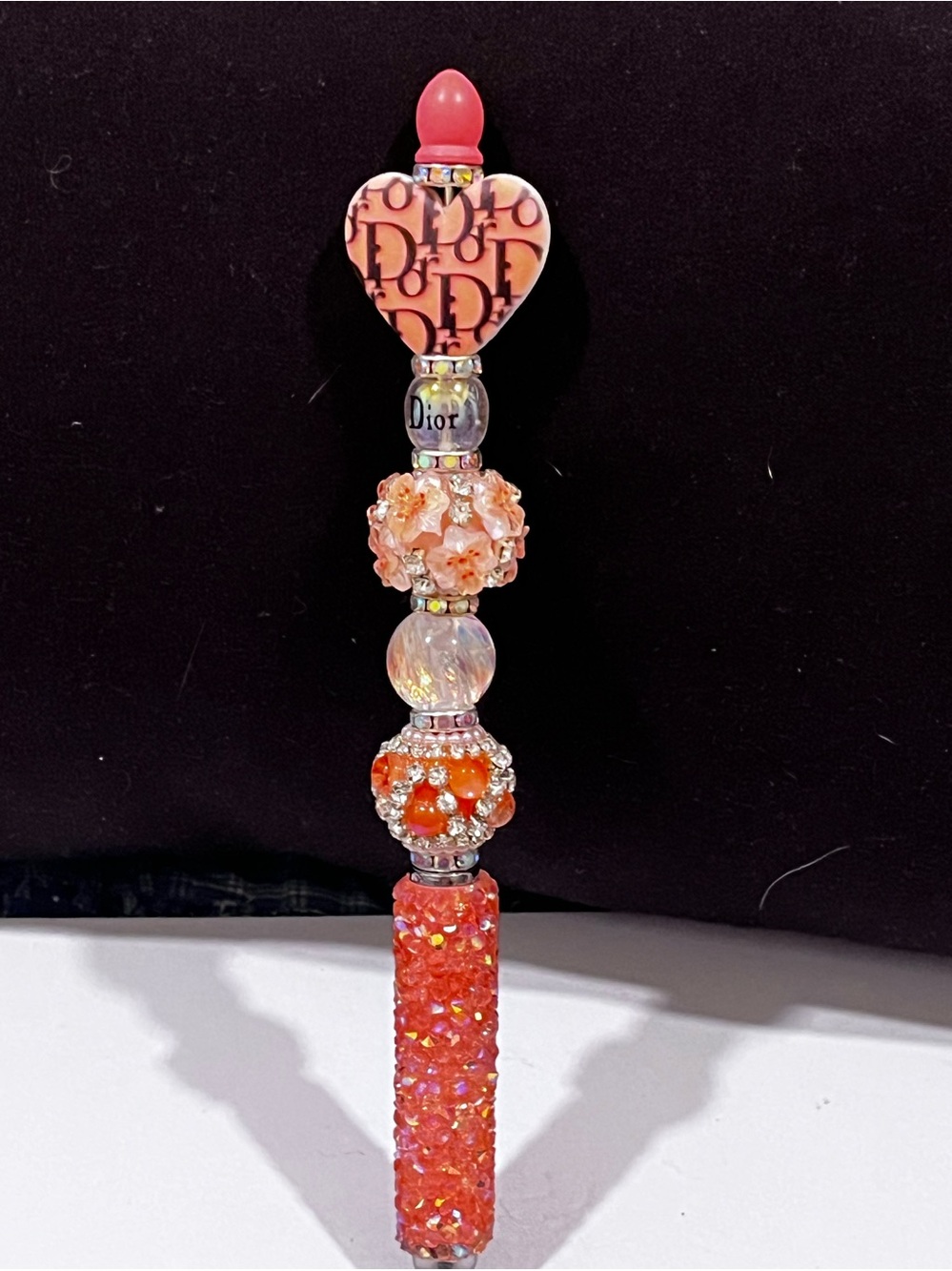 Dior Coral Pink silicone heart focal fancy beaded stylus pen